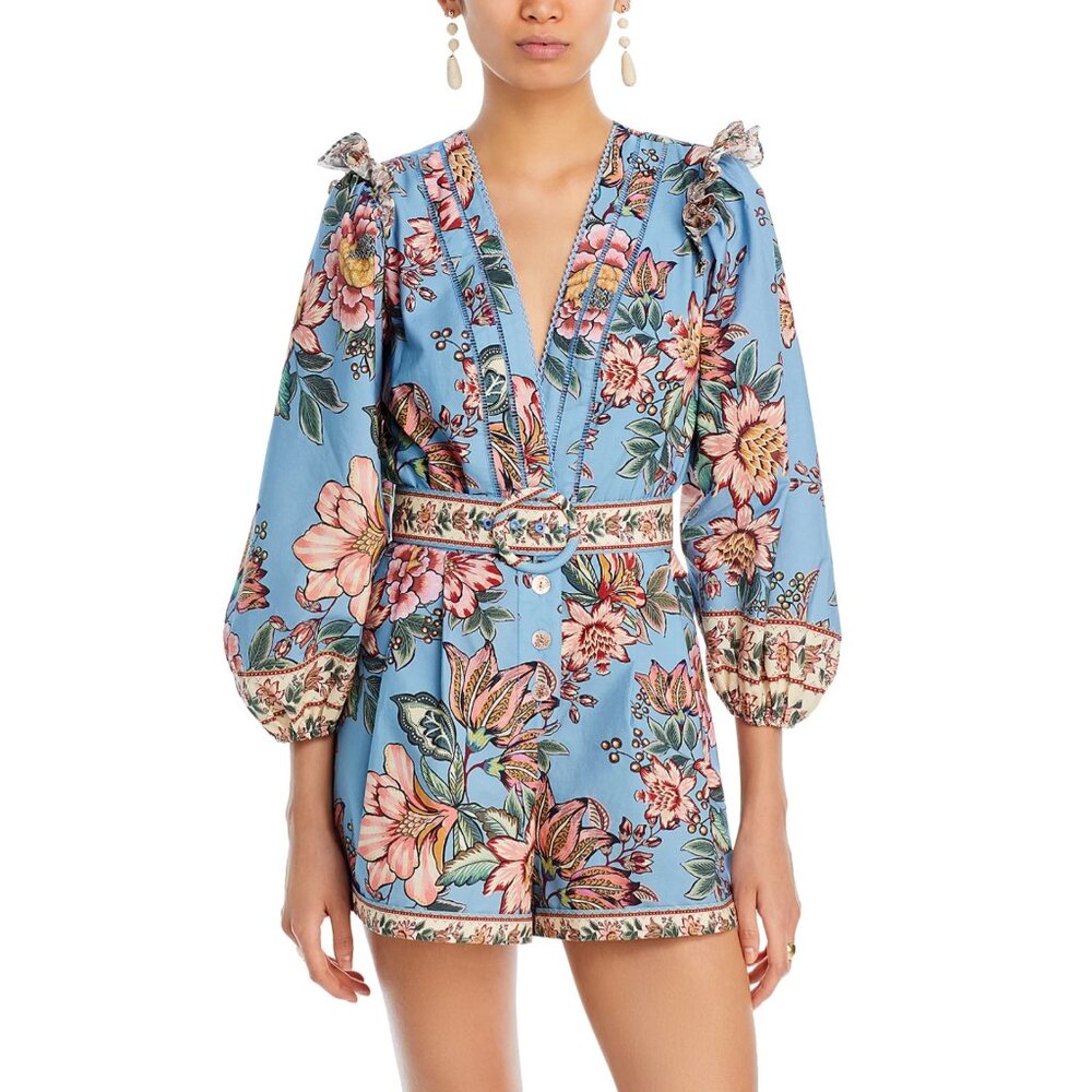 FARM Rio Wonderful Bouquet Floral Print Belted Romper, Blue/White/Pink, NWT 🇧🇷
